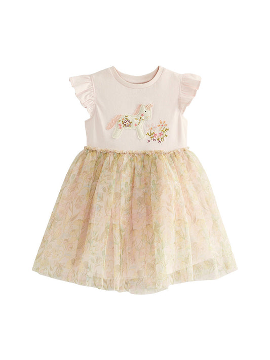 Spring And Summer Baby Girls Short Sleeves Unicorn Cartoon Floral Chiffon Dress