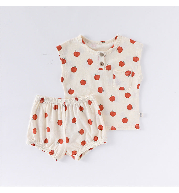 Summer Arrival Baby Unisex Sleeveless Fruits Pattern Top Vest and Shorts Clothing Sets