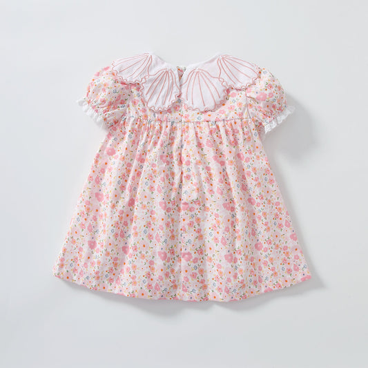 Baby Girl Short-Sleeved Floral Print Shell Shape Collar Pattern A Version Dress