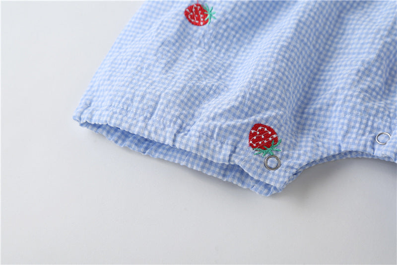 Baby Girl Plaid Graphic Strawberries Embroidery Snap Button Jumpsuit & Solid Tee Sets