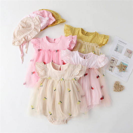 Baby Girl Solid Color Pineapple Embroidered Mesh Overlay Flounce Sleeves Onesies Dress