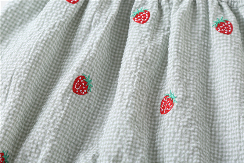 Baby Girl Plaid Graphic Strawberries Embroidery Snap Button Jumpsuit & Solid Tee Sets