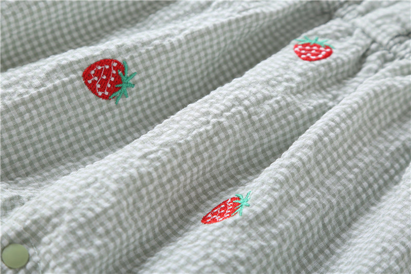 Baby Girl Plaid Graphic Strawberries Embroidery Snap Button Jumpsuit & Solid Tee Sets