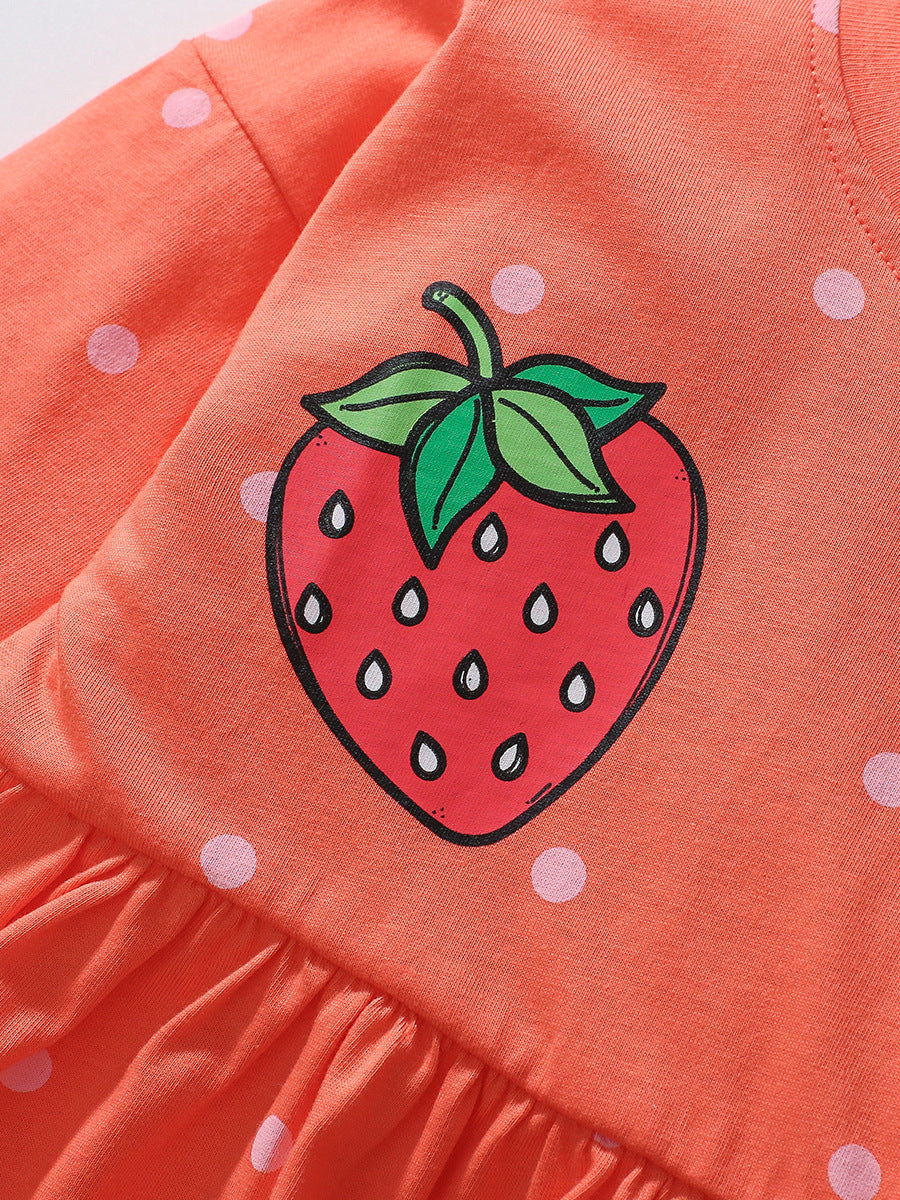 Autumn Arrival Girls’ Strawberry Pattern Dots Crew Neck Long Sleeves Dress