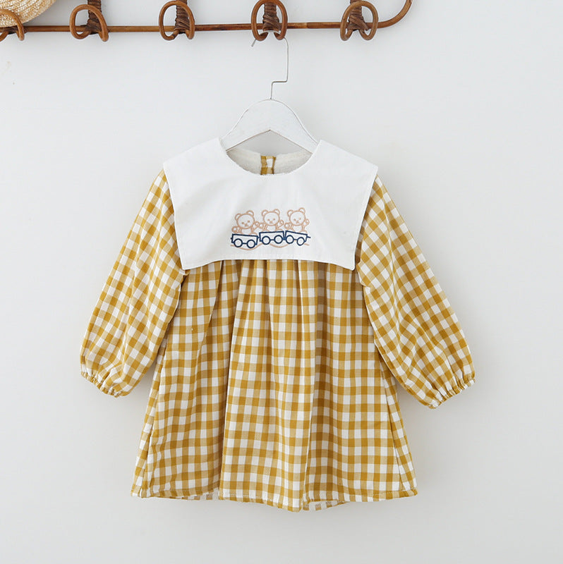 Check Plaid Doll Collar Design Bear Cartoon Embroidery Thick Preppy Dress