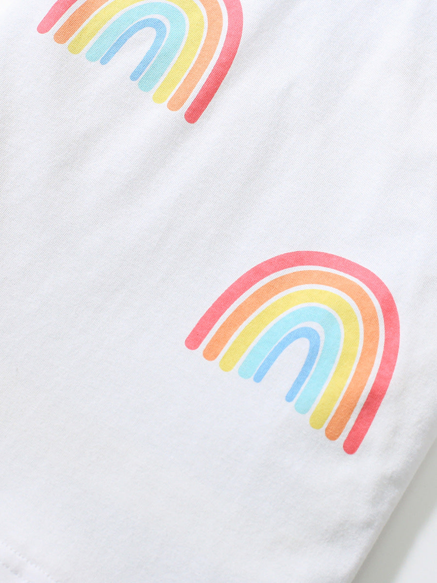 Summer Baby Kids Girls Rainbow Print T-Shirt And Solid Color Mesh Skirt Clothing Set
