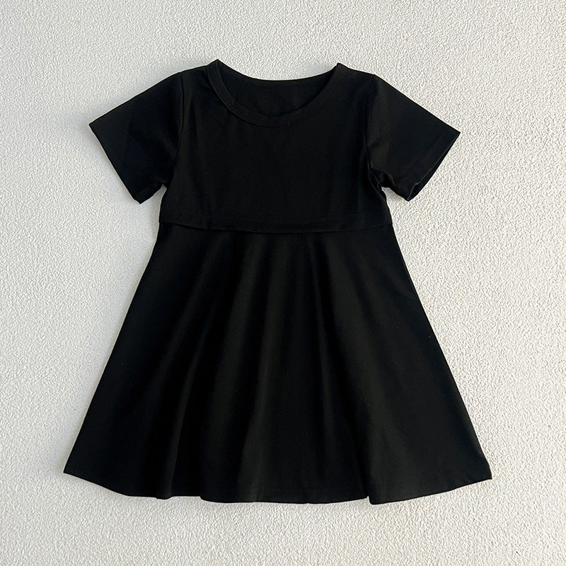 Summer Hot Selling Girls’ Solid Color Black Short Sleeves Slim Fit Dress