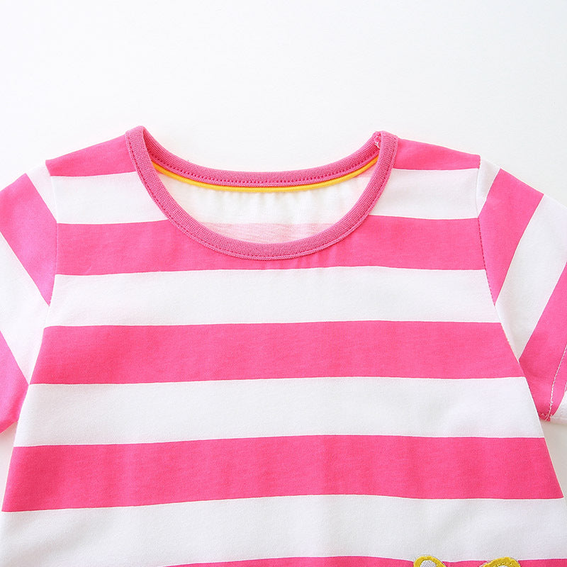 Summer Arrival Baby Girls Floral Leopards Pattern Short Sleeves Striped Dress