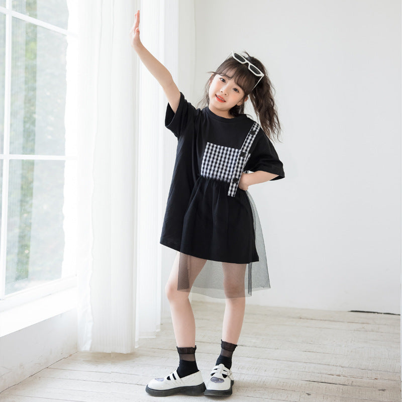 Black Plaid Patched Design Mesh Casual Dress