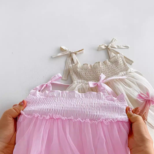 Summer Arrival Baby Girls Sleeveless Solid Color Pleated Strap Tulle Onesies Dress
