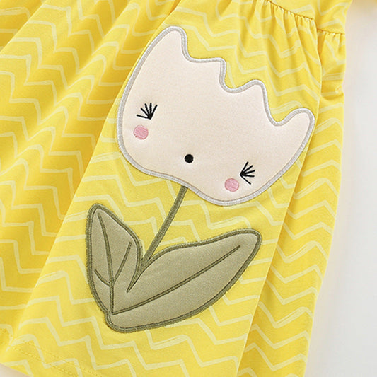 Summer Arrival Cartoon Flowers Pattern Short Sleeves Crew Neck Striped Dress for Stylish Girls