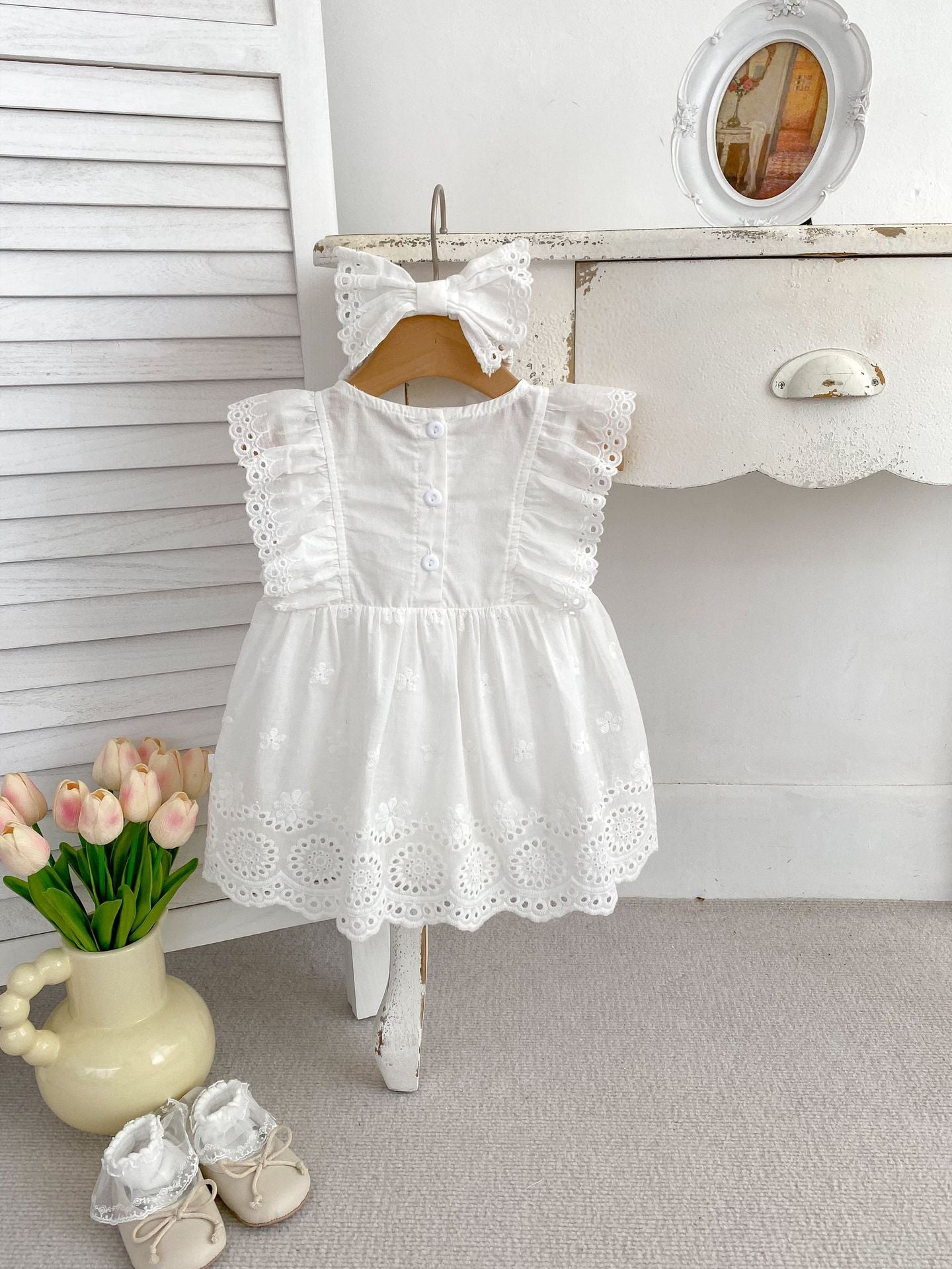Design Summer Girls Floral Embroidered Hollow Out Short Sleeves Onesies Dress