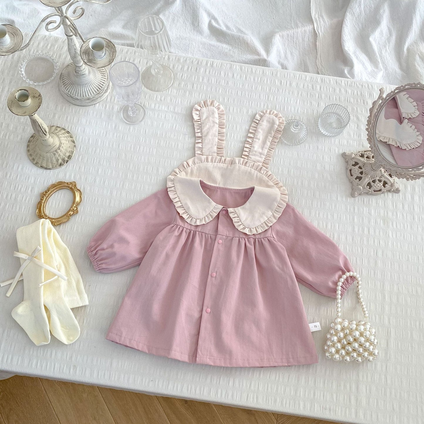 Spring and Autumn Rabbit Design Long-sleeved Dress with Ear Collar for Stylish Girls