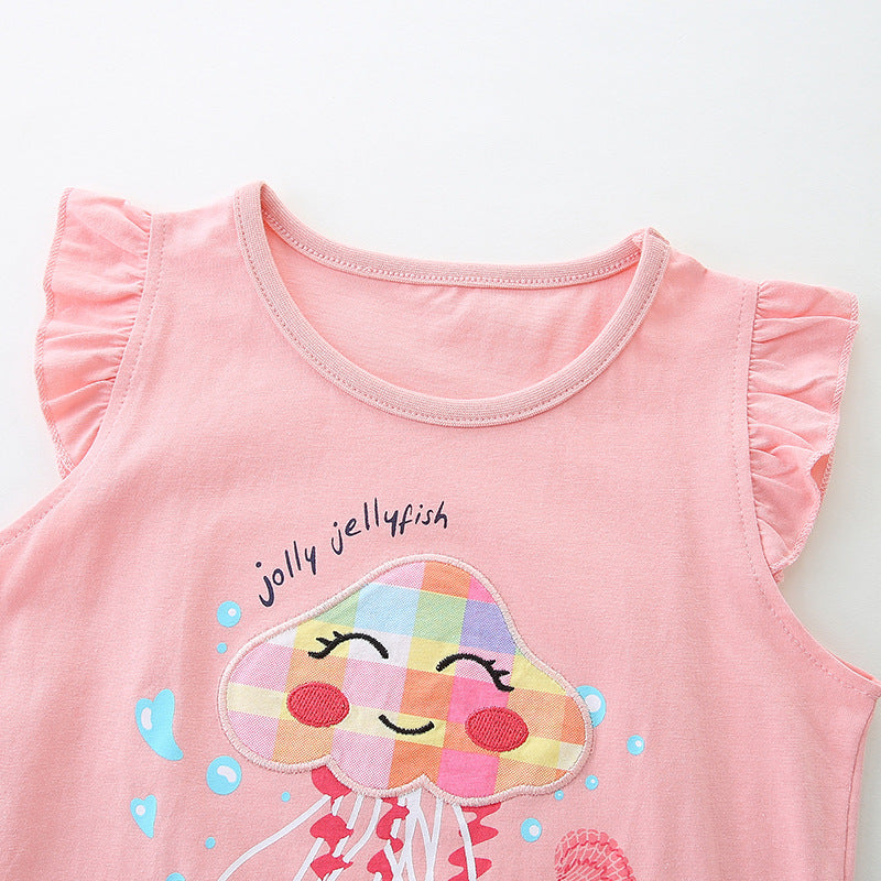 Summer Baby Kids Cartoon Jellyfish Pattern Vest and Plaid Shorts Clothing Set for Girls