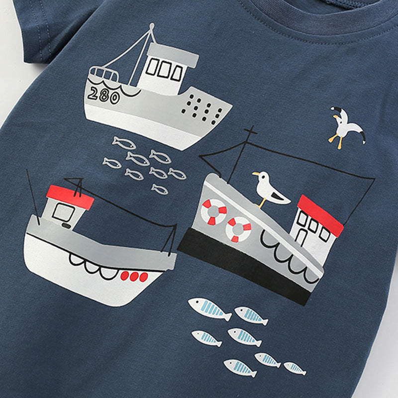 Summer Baby Kids Casual Ships Cartoon Pattern T-shirt and Striped Shorts Clothing Set for Boys
