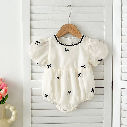 Summer Baby Kids Girls Butterfly Bows Pattern Short Sleeves Crew Neck Onesies And Girls’ Dress – Princess Sister Matching Set