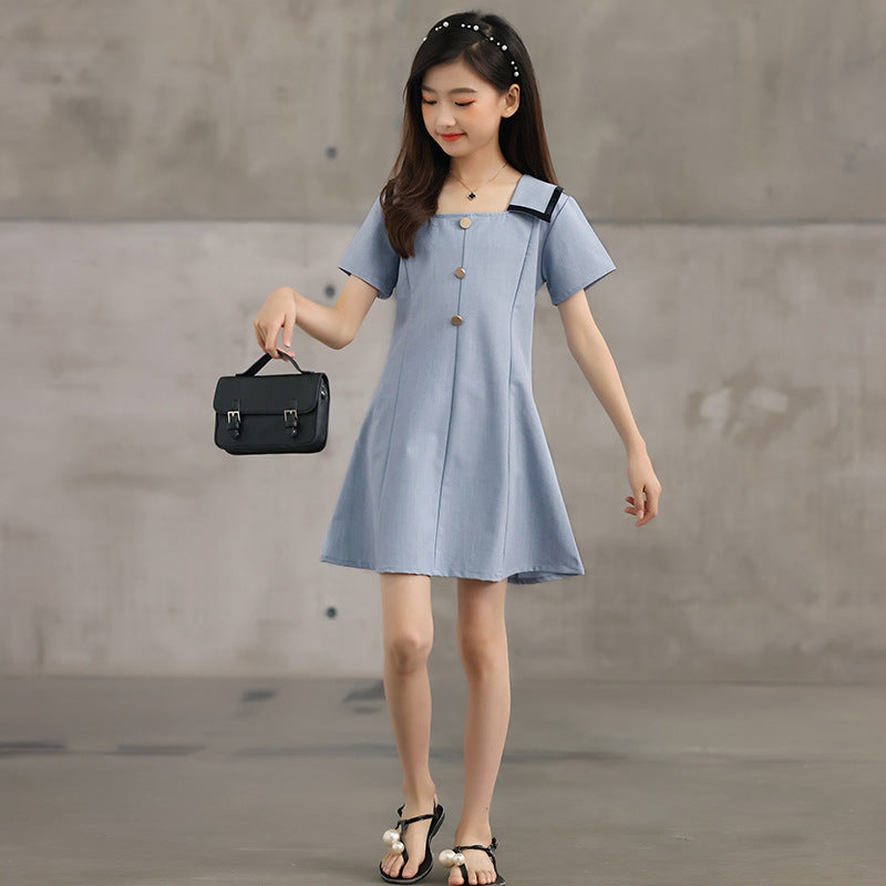 Design Summer Kids Girls French Style Simple Square Neck Turndown Collar Dress