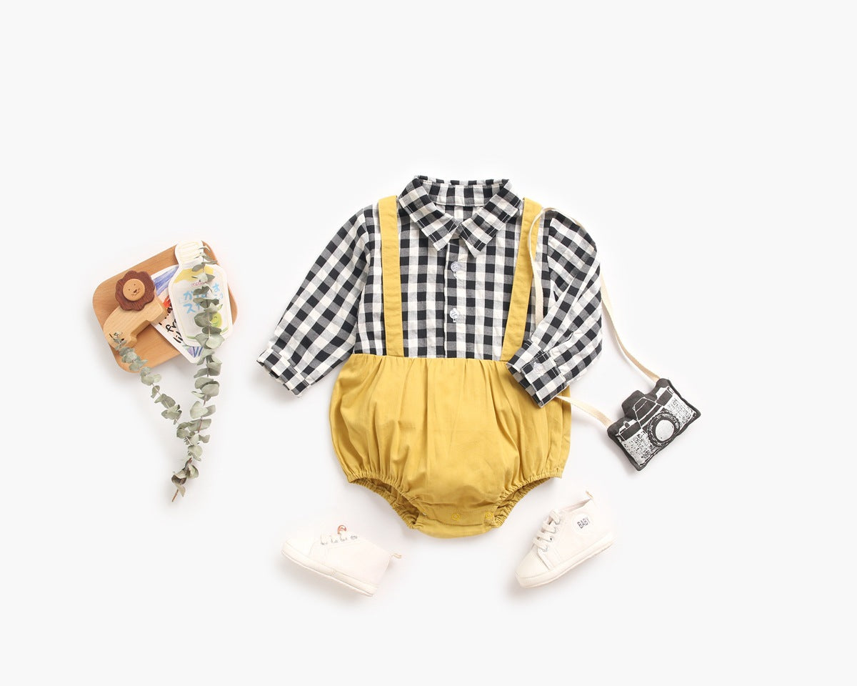 Baby Boy Plaid Pattern False One Pieces Design Lapel Bodysuit Onesies