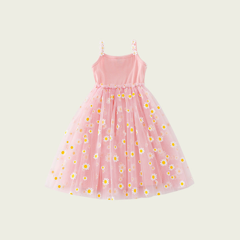 Summer Baby Kids Girls Sleeveless Floral Daisy Pattern Mesh Strap Dress