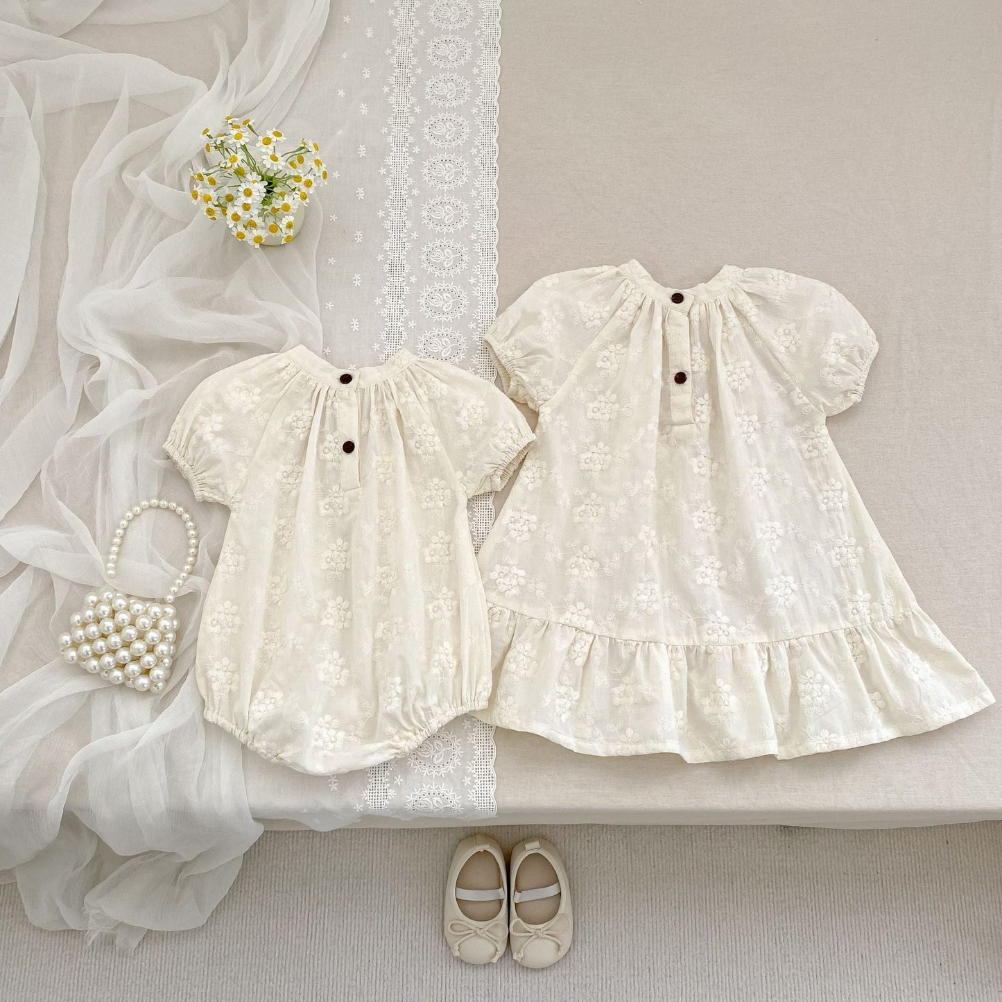 Summer Girls Solid Color Flowers Embroidery Short Sleeves Onesies and Girls’ Dress – Princess Sister Matching Set