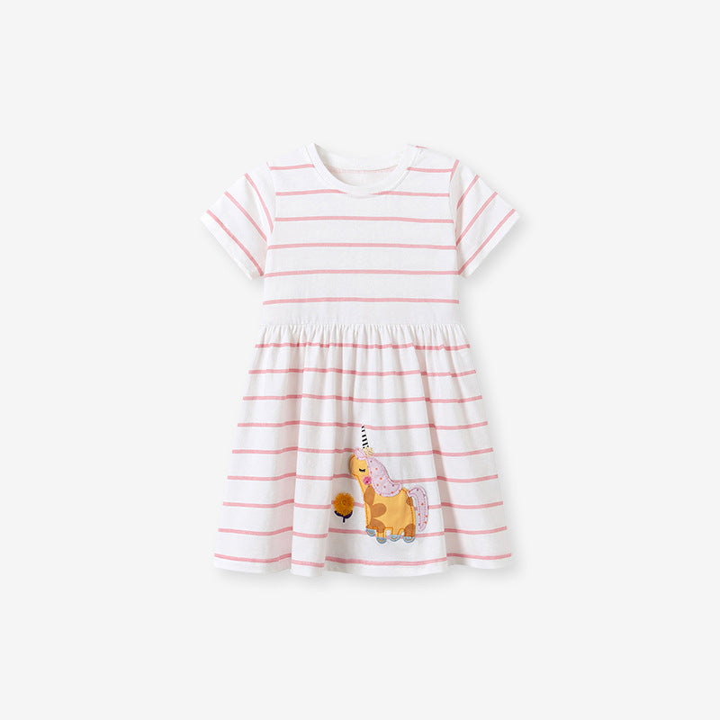 Summer Striped Dress for Girls, European and American Cute Animals Cartoon Pattern Dress
