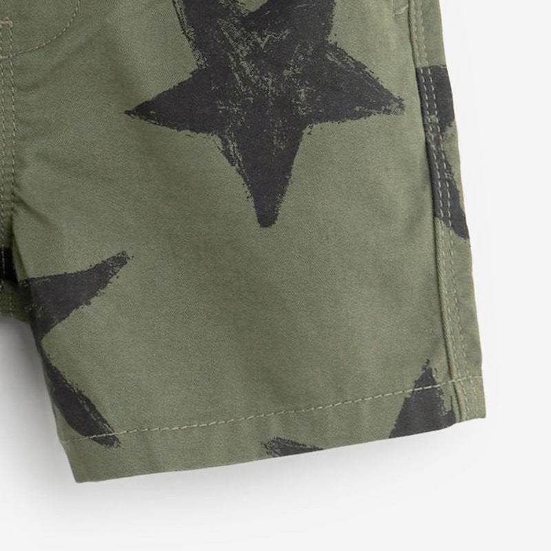 Boys Army Green Soft Casual Stars Print Capri Pants Shorts