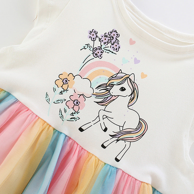 Summer Arrival Animals and Flowers Cartoon Pattern Fly Sleeves Tulle Patchwork Dress for Stylish Girls