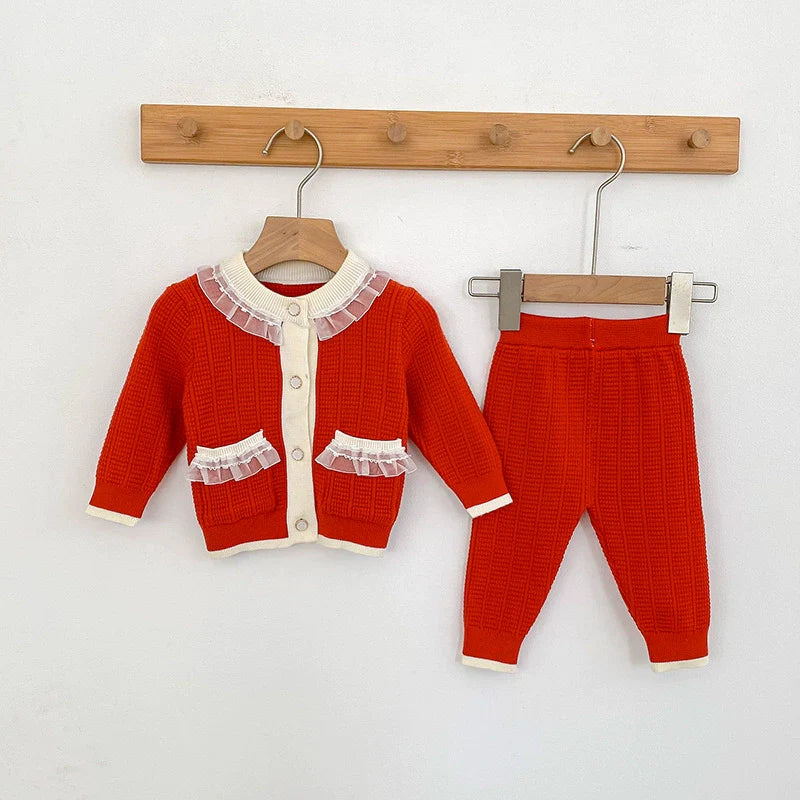 Arrival Autumn Baby Girls Long Sleeves Color Patchwork Knitted Top Cardigan and Long Trousers Clothing Set