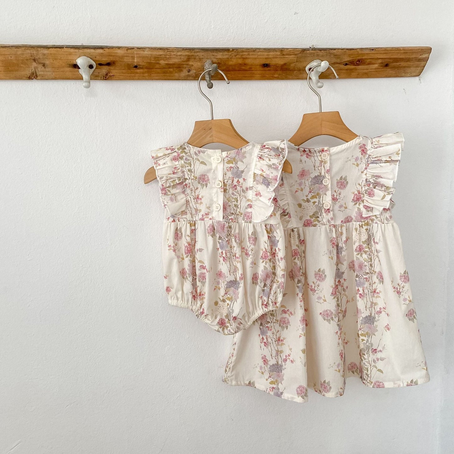 Summer Girls Arrival Floral Pattern Fly Sleeves Onesies and Girls’ Dress – Princess Sister Matching Set