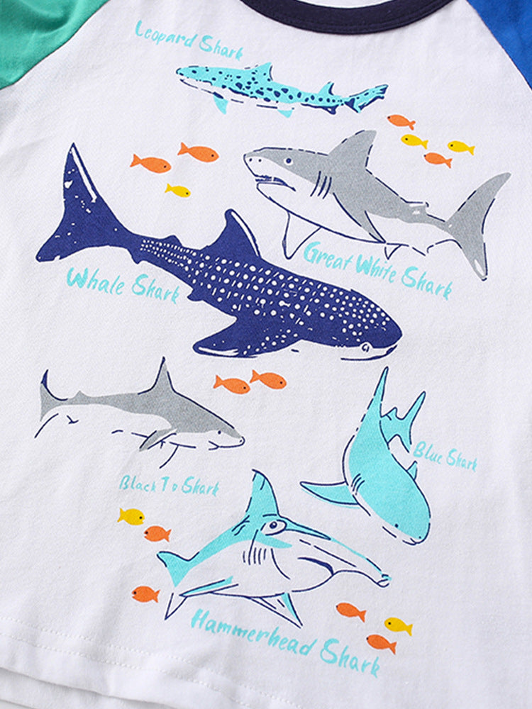 Summer Baby Kids Boys Sharks Cartoon Pattern T-Shirt And Blue Shorts Clothing Set