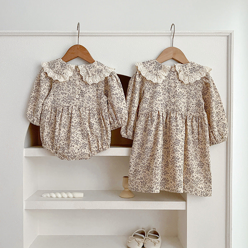 Adorable Baby Lace Collar Romper And Floral Print Girls’ Dress – Princess Sister Matching Set