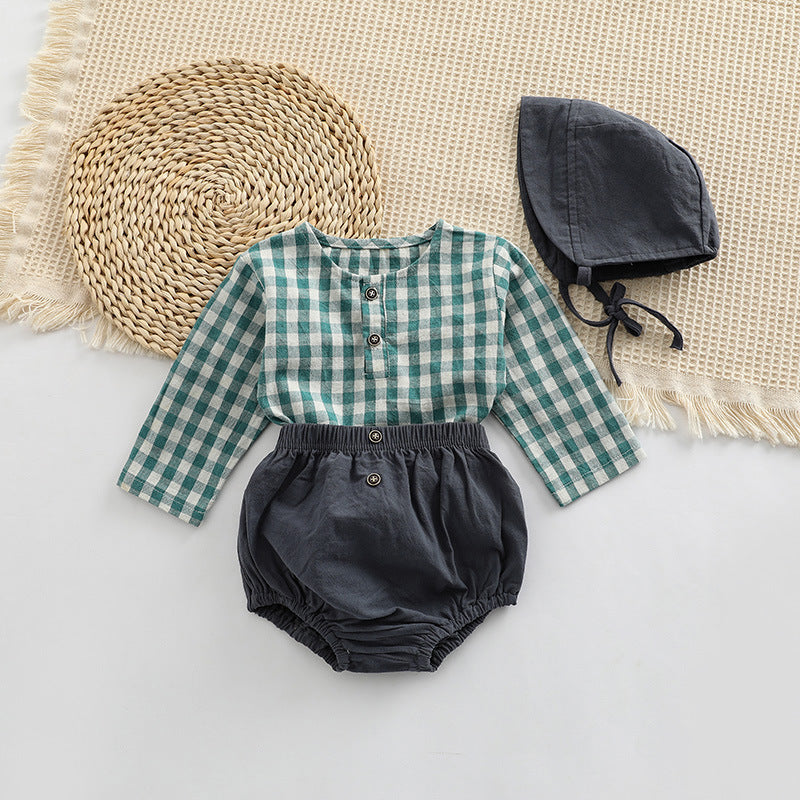 Baby Plaid Graphic Tops And Solid Shorts With Hat One Pieces Sets