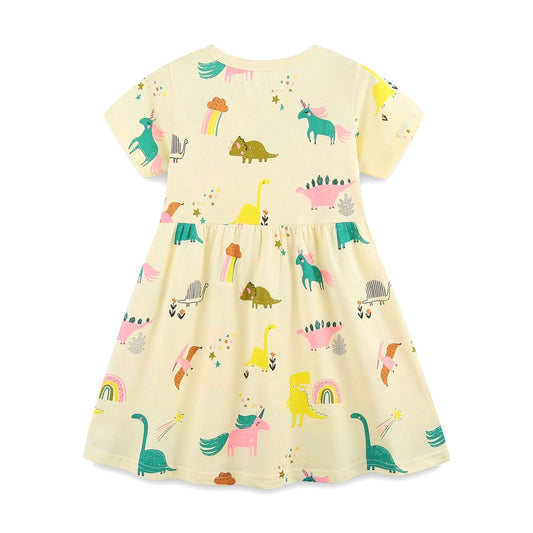 Summer Pure Cotton Colorful Rainbow and Dinosaur Pattern Short Sleeves Yellow Dress for Stylish Girls