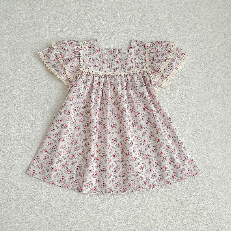 Summer Baby Girls Short Sleeves Square Neck Floral Pattern Dress And Onesie – Princess Sister Matching Set
