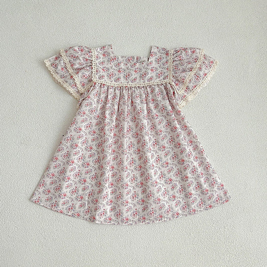 Summer Baby Girls Short Sleeves Square Neck Floral Pattern Dress And Onesie – Princess Sister Matching Set