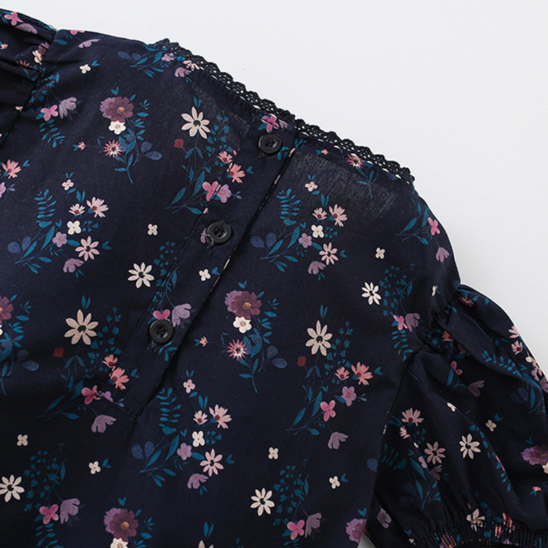Summer Arrival Floral Pattern Short Sleeves Dress with Lace Trim Neck for Stylish Girls
