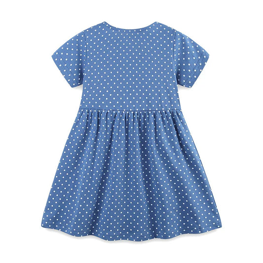 Summer Pure Cotton Dots and Animals Pattern Short Sleeves Dress for Stylish Girls