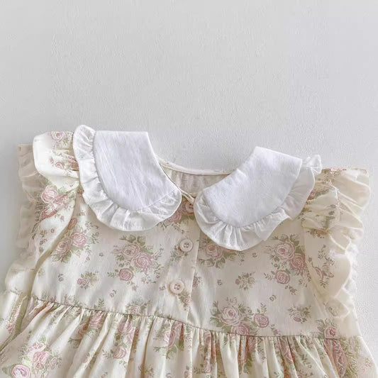 Summer Arrival Baby Girls Short Sleeves Flowers Pattern Peter Pan Collar Onesies Dress