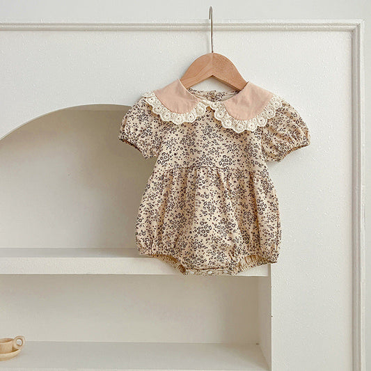 Design Summer Baby Kids Girls Floral Pattern Short Sleeves Peter Pan Collar Onesies And Girls’ Dress – Princess Sister Matching Set