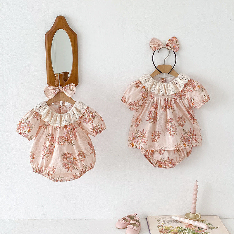 Design Summer Girls Flowers Pattern Short Sleeves Hollow Out Collar Onesies And Clothing Set – Sister Matching Clothing Set