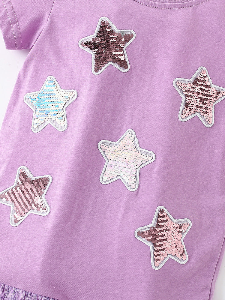 Summer Arrival Girls’ Sequin Star Pattern Short Sleeves T-Shirt Patchwork Dress