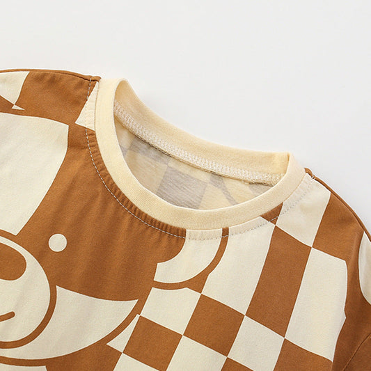 Summer Baby Kids Casual Teddy Bear and Plaid Pattern T-shirt and Shorts Clothing Set for Boys