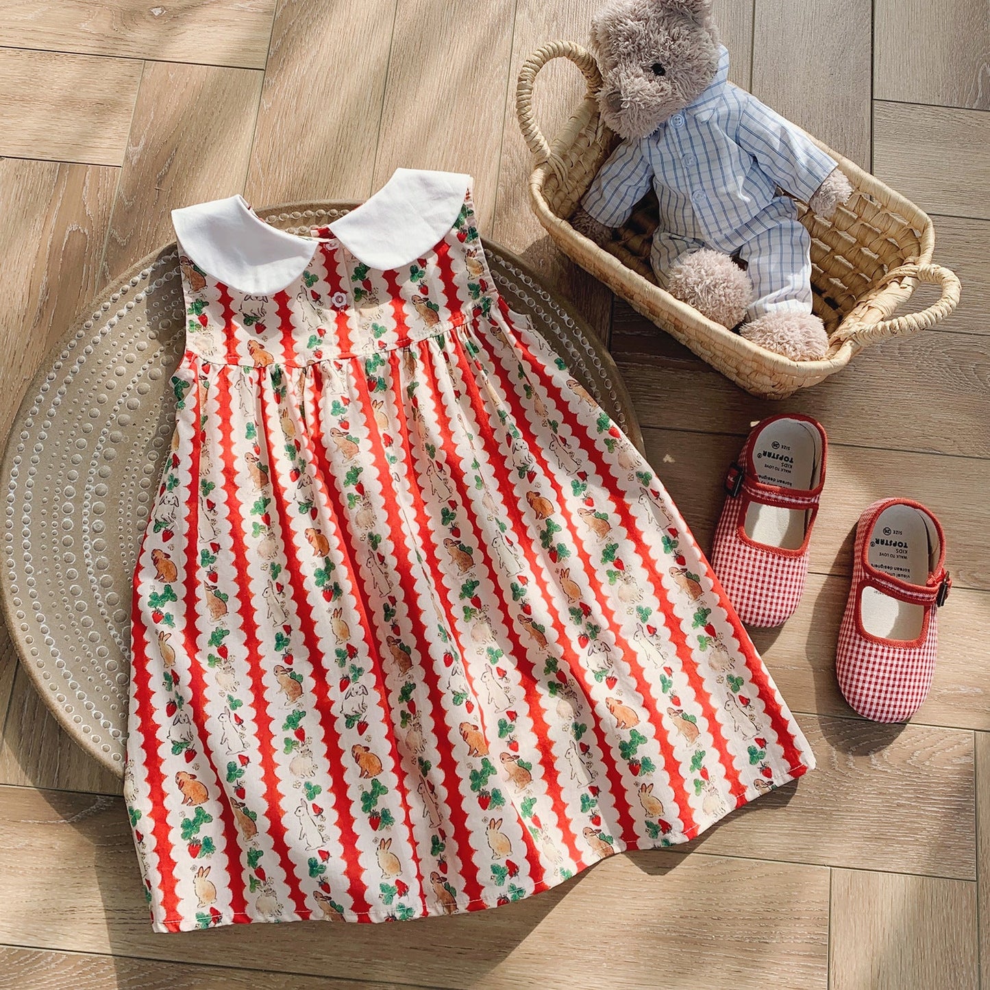 Summer Arrival Cartoon and Striped Pattern Sleeveless Dress for Stylish Girls