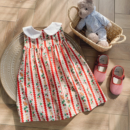 Summer Arrival Cartoon and Striped Pattern Sleeveless Dress for Stylish Girls