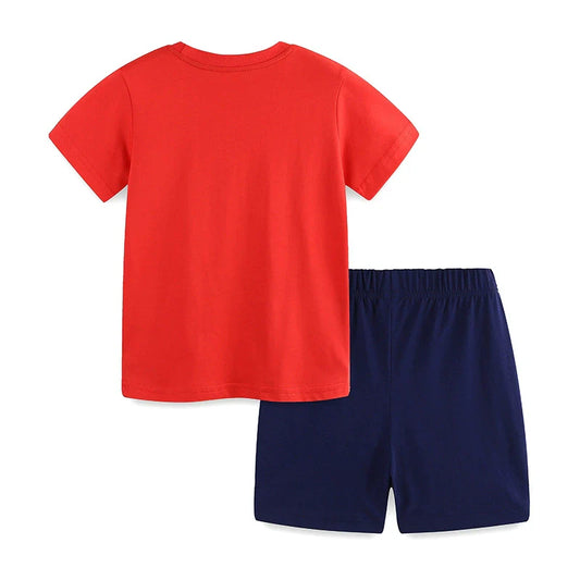 Summer Baby Kids Cartoon Animals Pattern T-shirt and Shorts Color Patchwork Clothing Set for Boys