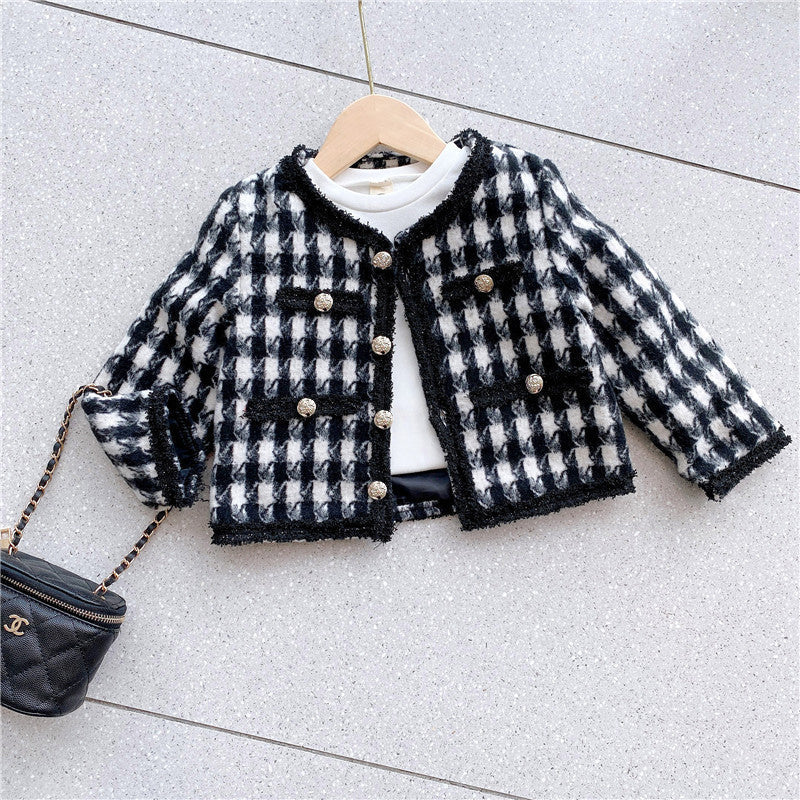 Girls Houndstooth Pattern Single Breasted Cardigan&Skirt Elegant Style Sets