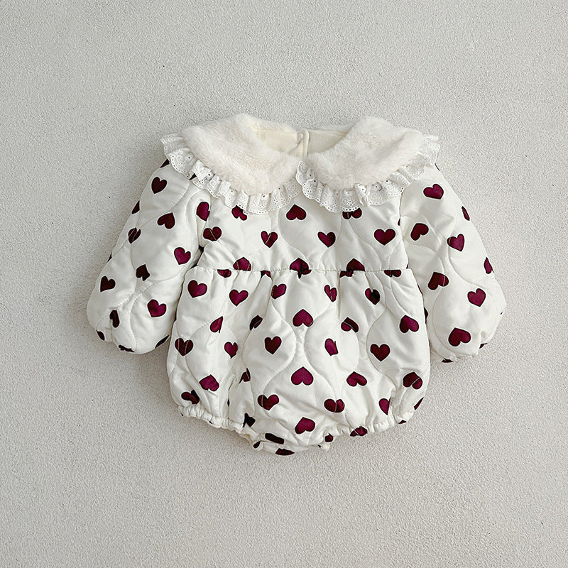 Red Heart Pattern Peter Pan Lace Collar Long Sleeve Fashion Princess Onesies&Dress