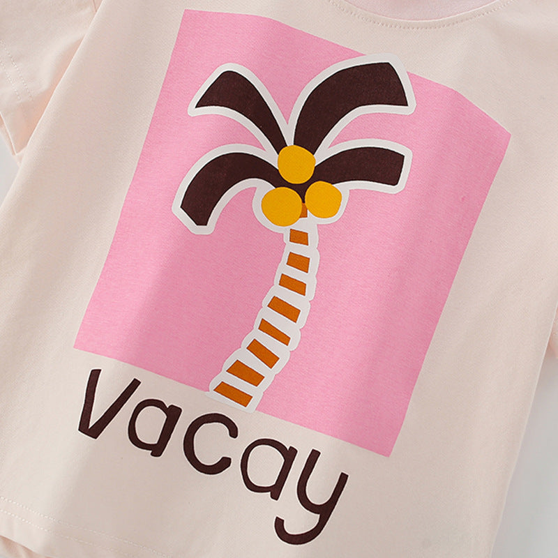 Summer Baby Kids Cartoon Coconut Palm Pattern T-shirt and Pink Shorts Clothing Set for Girls