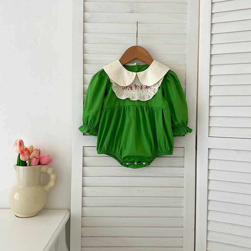 Arrival Autumn Baby Kids Girls Long Sleeves Peter Pan Collar Embroidery Flowers Pattern Onesies and Dress โ Princess Sister Matching Set