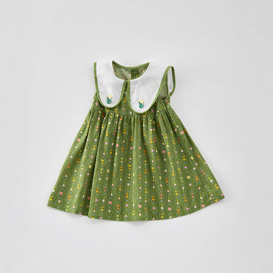 Summer Baby Kids Girls Floral Sleeveless Embroidery Collar Dress